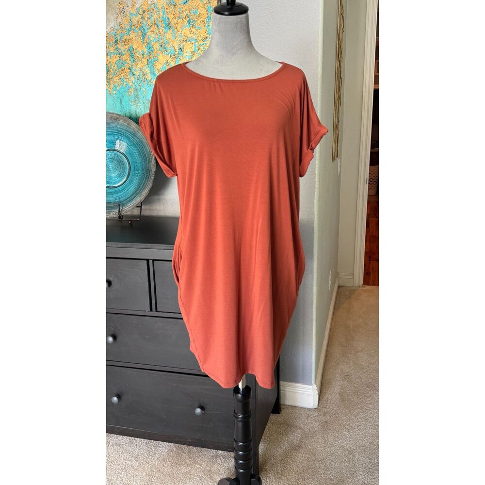 SOZI Tunic Dress XL Rust Orange Bamboo Stretch Dolman Sleeve Ruched Casual Boho
